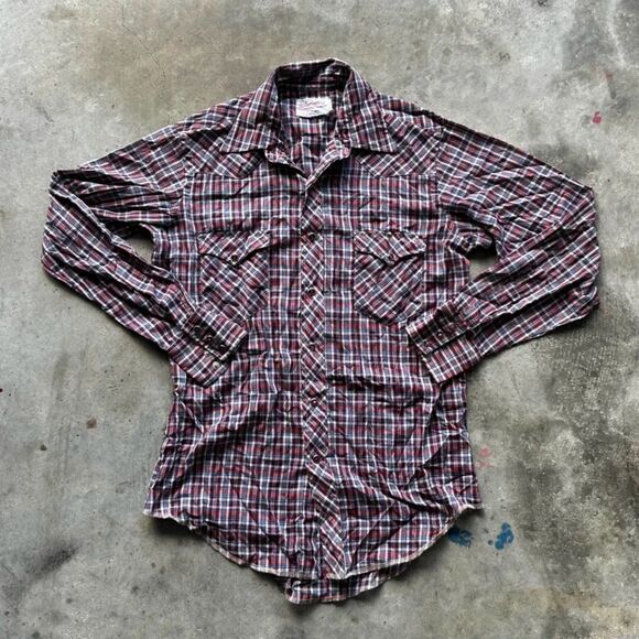 Vintage 70s Wrangler Western Plaid Ruby Snap Button Shirt Size 15 1/2-34 - Picture 1 of 7